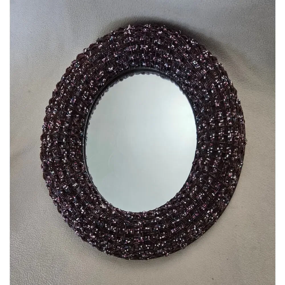 Vtg Metal Oval Beaded Wall Mirror Boho Deep Purple Brown Seed Beads